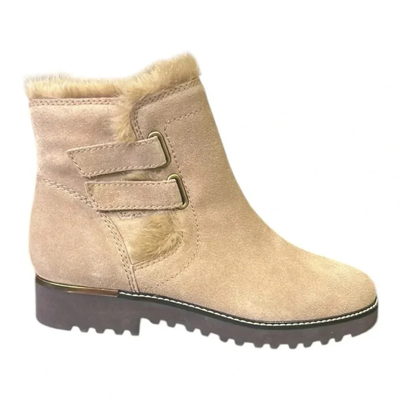 Franco Sarto Crystal Water Resistant Faux Fur Trim Ankle Boots Sz 8.5 Sandstone - Picture 2 of 12